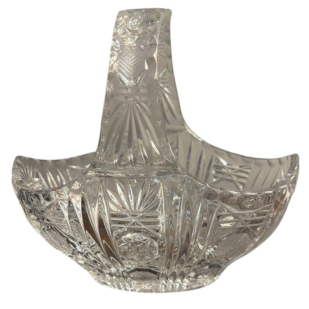 Crystal Cut Glass Decorative Basket Bowl with Handle Vintage Candy Dish